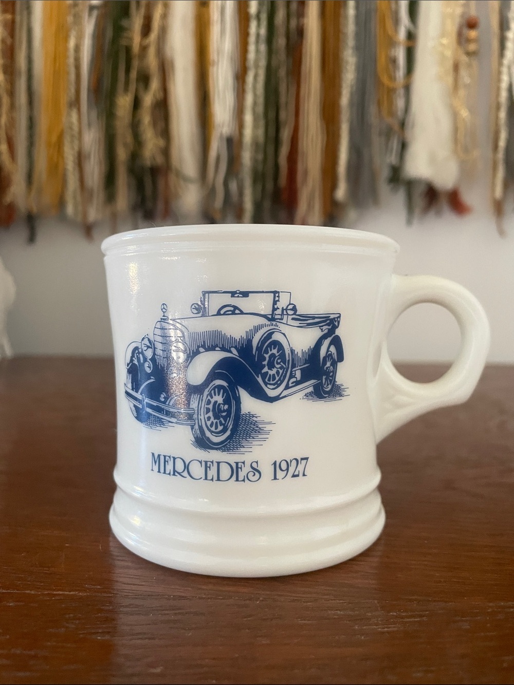 Vintage White and Blue Ceramic Mug featuring a 1927 Mercedes